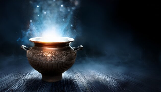 enigmatic ancient pot emitting ereal light and particles in a dark atmosphere mysticism and discovery concept of cremation ritual services copy space