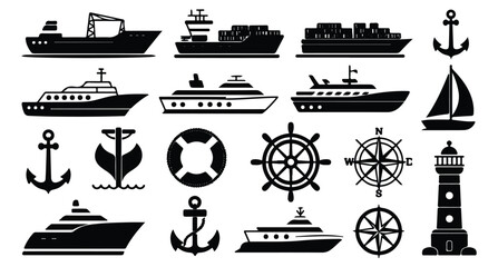 Nautical icons collection featuring various ships anchors and maritime navigation equipment © VANU