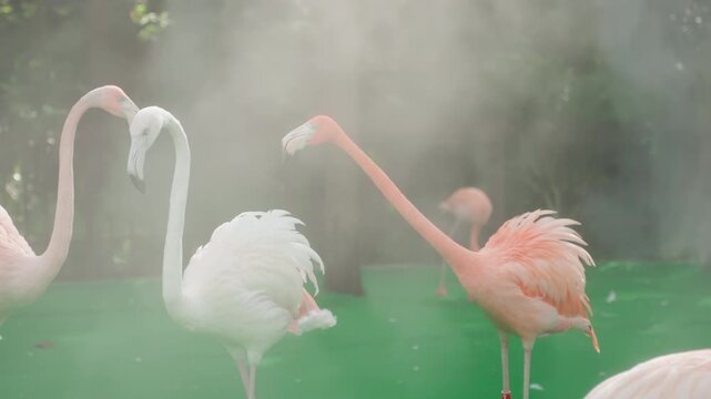 Group pink flamingos on green turf interacting, flock displaying courtship and grooming behaviors with neck entwine and playful pecking, vibrant feathers, light mist and enclosure backdrop, lively