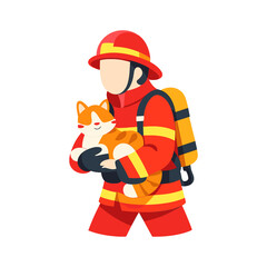 Obraz premium Firefighter carrying rescued cat flat vector illustration