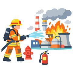 Fototapeta premium Firefighter extinguishing factory fire with hose