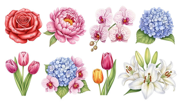 A colorful illustration of various flowers on a white background
