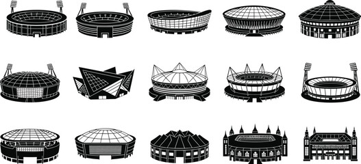 Sports stadium silhouettes collection with arena buildings and football venues isolated on white background architecture vector illustration set © MdAnoar