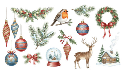 A festive Christmas illustration featuring ornaments, holly, and a snow globe © Hacar