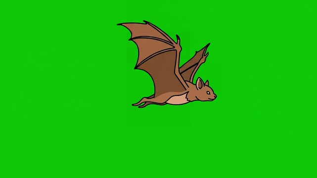 Chroma Key Animation with flat style side view of bat flying against green background seamless loop distortion, screen overlay, glitch, static noise, scan lines on black background, 4k animated video