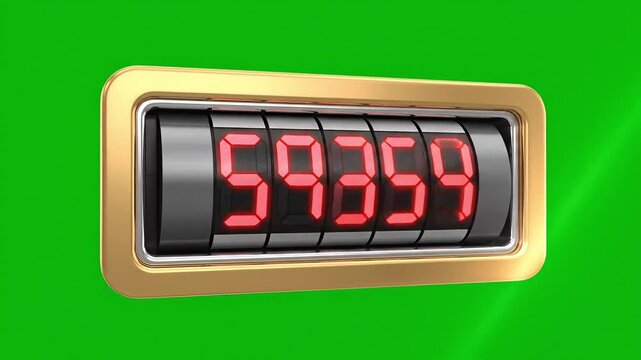 Digital counter displaying the number 5959 on a gold-rimmed casing against a vibrant green screen background