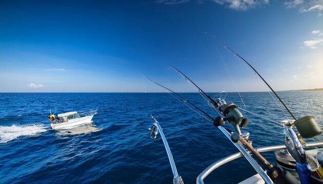 a panoramic view of boat fishing with a trolling rod and reels on the blue sea a broad shot of a boat fishing in the blue sea using a trolling rod and reels boat fishing in the blue sea captured