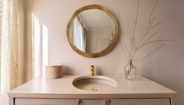 in a sunlit cream walled bedroom an empty modern and minimalist beige dressing table with a round vanity mirror steals the show its gold handle drawer storage and glass vase with twigs complete the