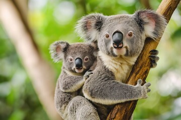 Obraz premium Koala mother carrying her baby joey on her back, resting on a tree branch, showing natural bond and wildlife in Australia