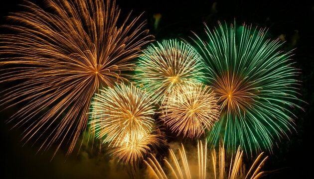enchanting display of gold and green fireworks against a backdrop