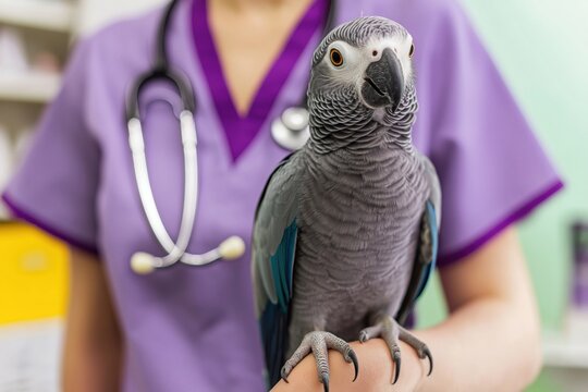 African grey parrot receiving professional care from a vet, symbolizing avian medicine and exotic pet healthcare