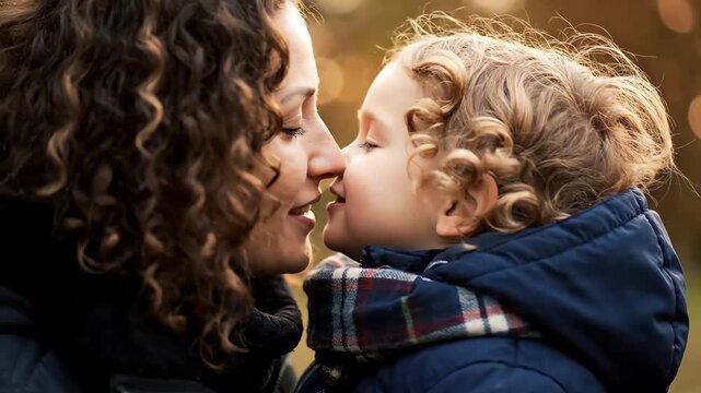 Mother and small child touch noses affectionately outdoors during the cold season.