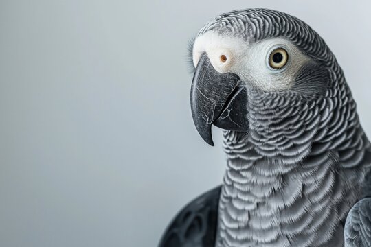 African grey parrot bird headshot showing intelligent eyes and textured feathers on a neutral background