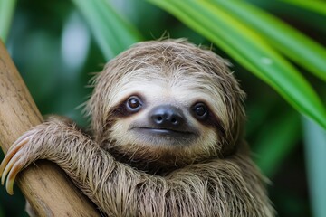 Fototapeta premium Sloth hanging on a tree branch, looking into the camera with a cute expression. Wild animal living in tropical rainforest