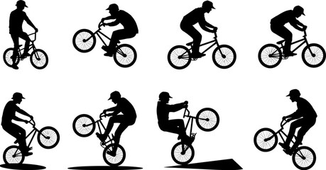 Naklejka premium BMX rider silhouette sequence performing wheelie jump tricks isolated on white background, extreme cycling stunt set, urban freestyle bike action illustration collection concept