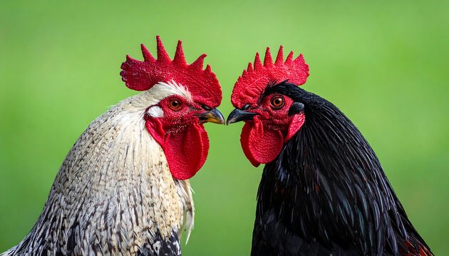 A close-up photo of two roosters facing each other