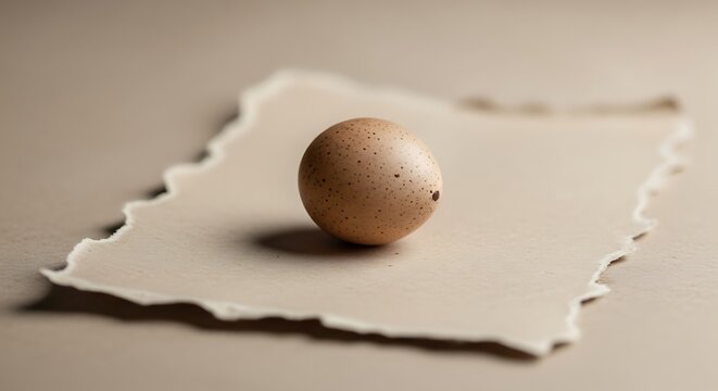 A single brown egg rests on a torn piece of textured paper
