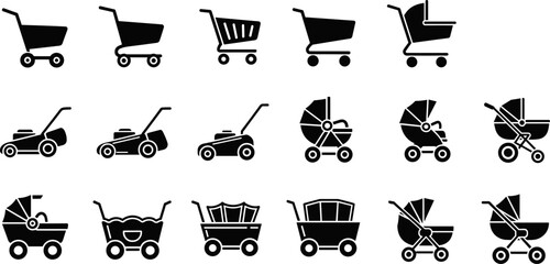 Set of baby stroller and cart silhouettes, black pram buggy pushchair icons vector collection for childcare, shopping, transport, and family design use © Sarsoti