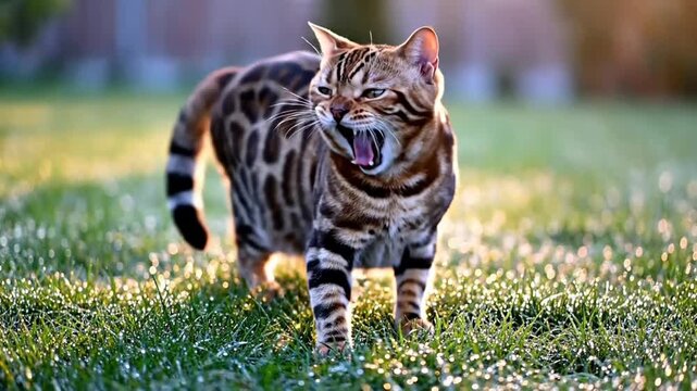 Beautiful Bengal Cat Playing in Green Grass During Golden Hour.