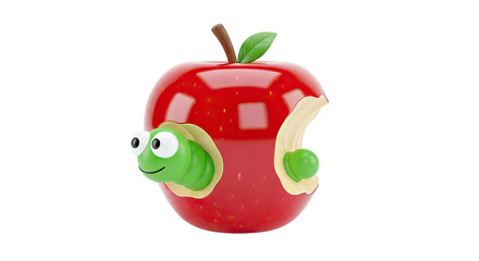 Cute cartoon worm emerging from a bitten red apple