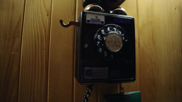 Hand lifting and returning receiver of vintage rotary wall telephone inside wooden chalet interior, retro communication gesture on rustic paneling