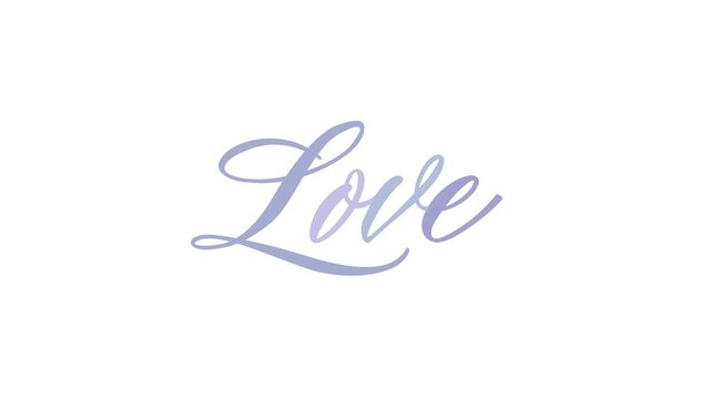 Elegant purple gradient brush script Love, appearing with animated strokes.