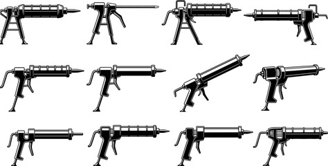Set of caulking gun silhouettes in multiple angles, black sealant applicator vector collection for construction, renovation, repair tools, icons, and illustrations