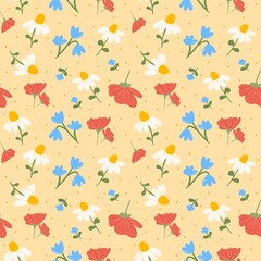 Fototapeta premium Seamless pattern of vibrant spring flowers and daisies on warm cream yellow background for textile design