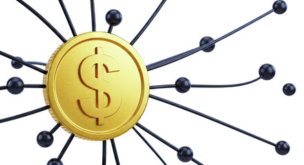 Golden Coin with Dollar Symbol Connected to Black Spheres