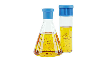 Laboratory glassware with yellow liquid and bubbles