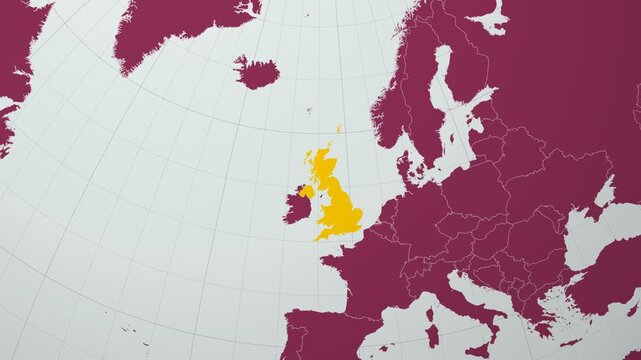 United Kingdom map. Animated zoom into the country on the Globe in Pale Mint Dark Pink color palette. Country logo animation with round text and airplanes. Map with meridians, parallels.