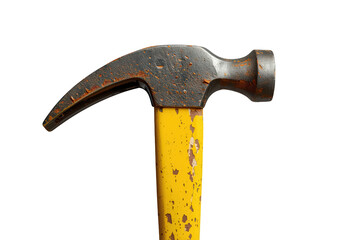 Claw hammer with rusty head and yellow peeling handle close up, showing wear and tear, isolated on transparent background