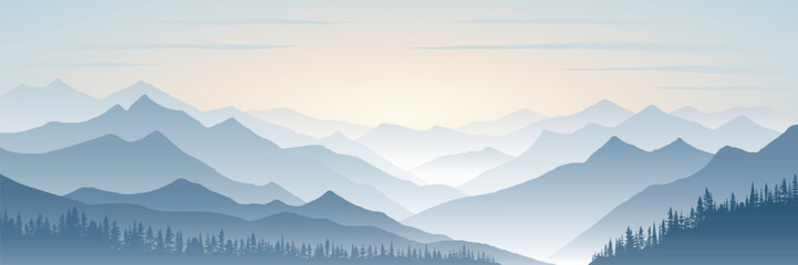 Naklejka premium Sunrise in the mountains, ridges in the morning light, minimalistic landscape, vector illustration