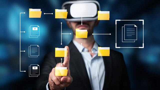 Professional man wearing virtual reality headset interacts with digital data organization on blue blurred background representing innovation in technology Gluon.