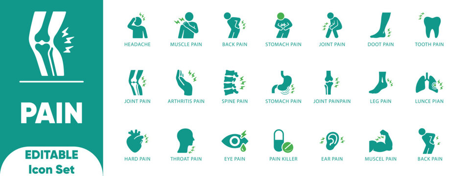 Body pain icon set. injury, muscle, headache, teeth, ear, kidney, lightning, migraine, and solid vector icons.