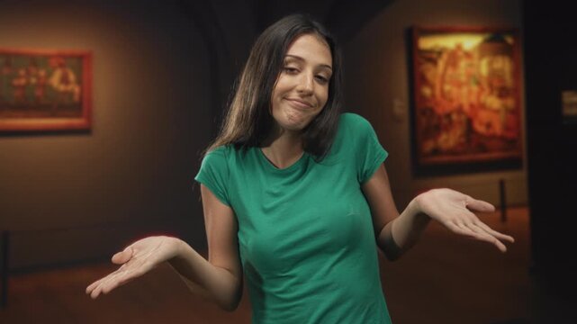 Woman in green t shirt, young hispanic, making air quotes with raised hands while shrugging inside an art gallery building; casual indifference.
