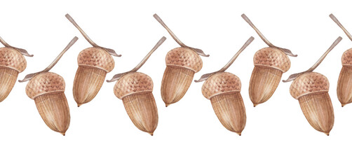 Watercolor seamless border with brown acorn on white background. Fetus by oak tree. Hand-drawn nature rim for botanical book or sticker. Vegan food for cookbook. Plant for wallpaper or wrapping © NatashaKun