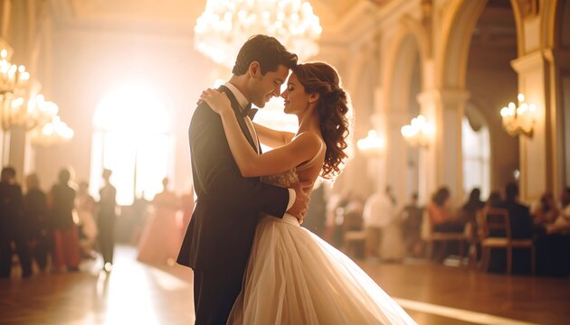 Couple shares a tender moment while dancing in a grand ballroom