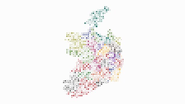 Ireland map animation. Shape of the country with pulsating colored dots. Small size square blocks. Digital style Ireland map on white background. Simple video.