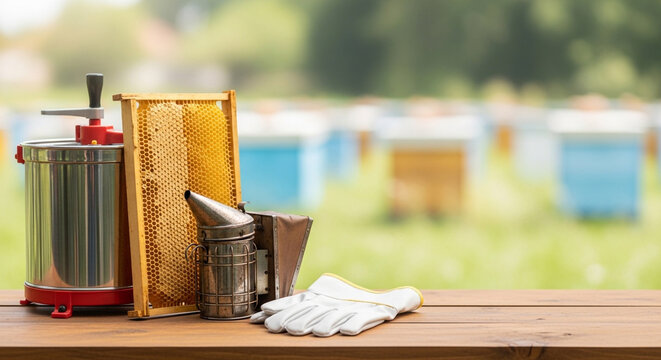 Traditional beekeeping tools including smoker, protective gloves and honeycomb frame arranged outdoors at apiary.