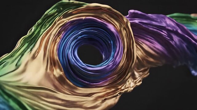 A swirling vortex of vibrant, multi-colored fabric, creating a mesmerizing visual display. The dynamic folds and curves evoke a sense of movement and fluidity