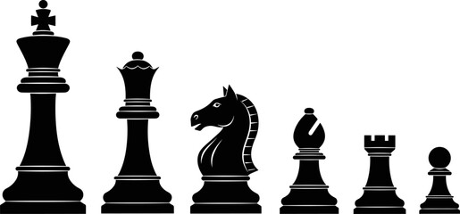Set of Six Black Chess Pieces Silhouettes, Including King, Queen, Knight, Bishop, Rook, and Pawn, Representing Strategy, Competition, Intellect, and Board Games © Akadosh