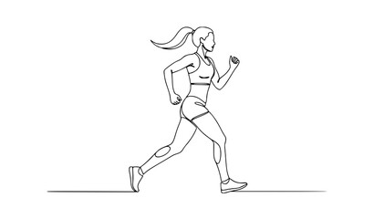 Continuous line art running woman vector illustration elegant female fitness isolated on white