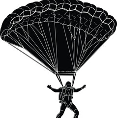 Skydiver silhouette with open parachute, extreme sports jumping in sky, paragliding athlete vector illustration, adrenaline skydiving flight on white background © Jahid