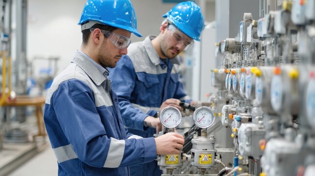 performing quality control on gas meters on blurred background