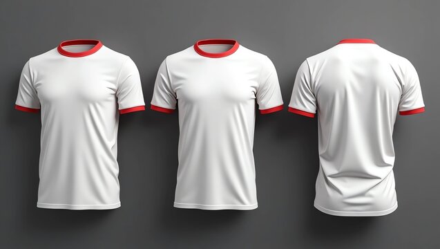 Blank ringer tee mockup in front, side, and back views isolated on grey background. 3d rendering, 3d illustration 