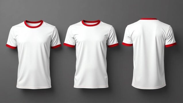 Blank ringer tee mockup in front, side, and back views isolated on grey background. 3d rendering, 3d illustration 