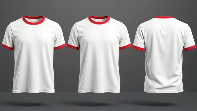 Blank ringer tee mockup in front, side, and back views isolated on grey background. 3d rendering, 3d illustration 