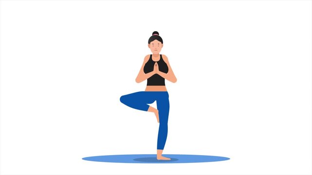 Woman doing yoga praying pose on a mat cartoon animation. Mindful lifestyle. Healthy training motion graphic 4k video