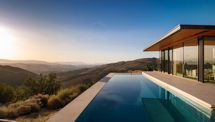 Fototapeta premium a luxurious modern villa in the hills of california with large glass windows a sleek minimalist facade and an infinity pool overlooking a scenic view
